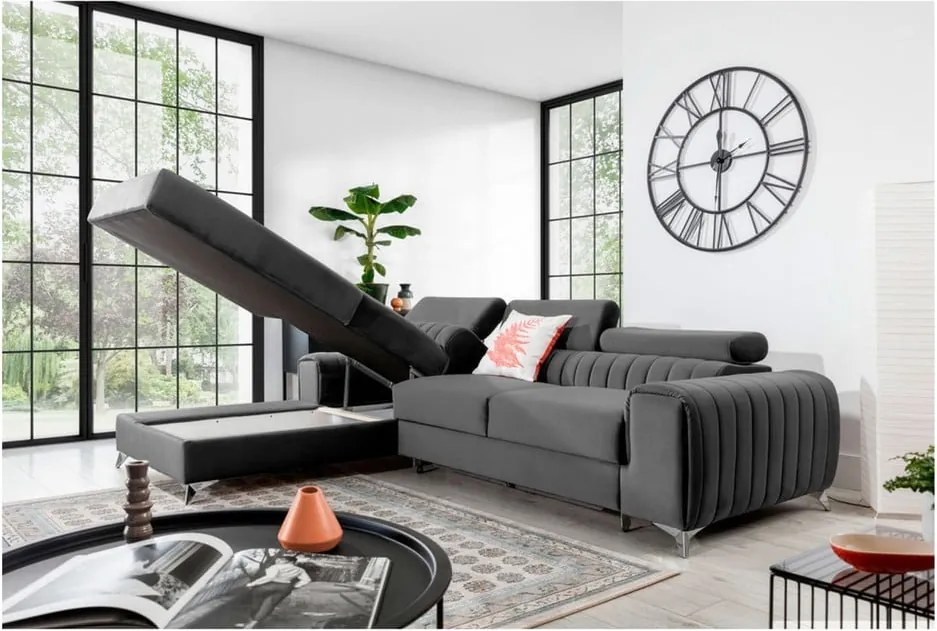 Sötétszürke bársony kinyitható-tárolóhelyes sarokkanapé (bal oldali-heverő résszel) Grayson – ELTAP