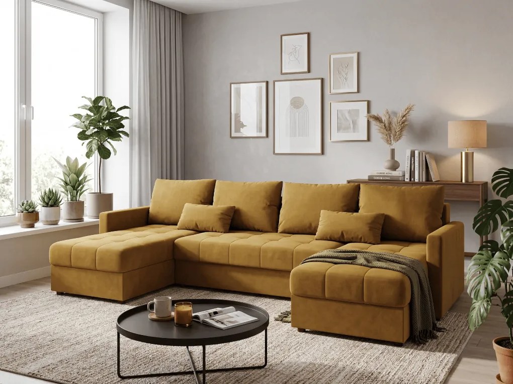 U alakú kihúzható ülőgarnitúra VENORIA 285x146 cm, mustárszín + 2 párna AJÁNDÉKBA