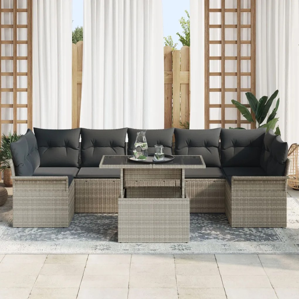 8 darabos kerti kanapé szett párnákkal, világosszürke poly rattan