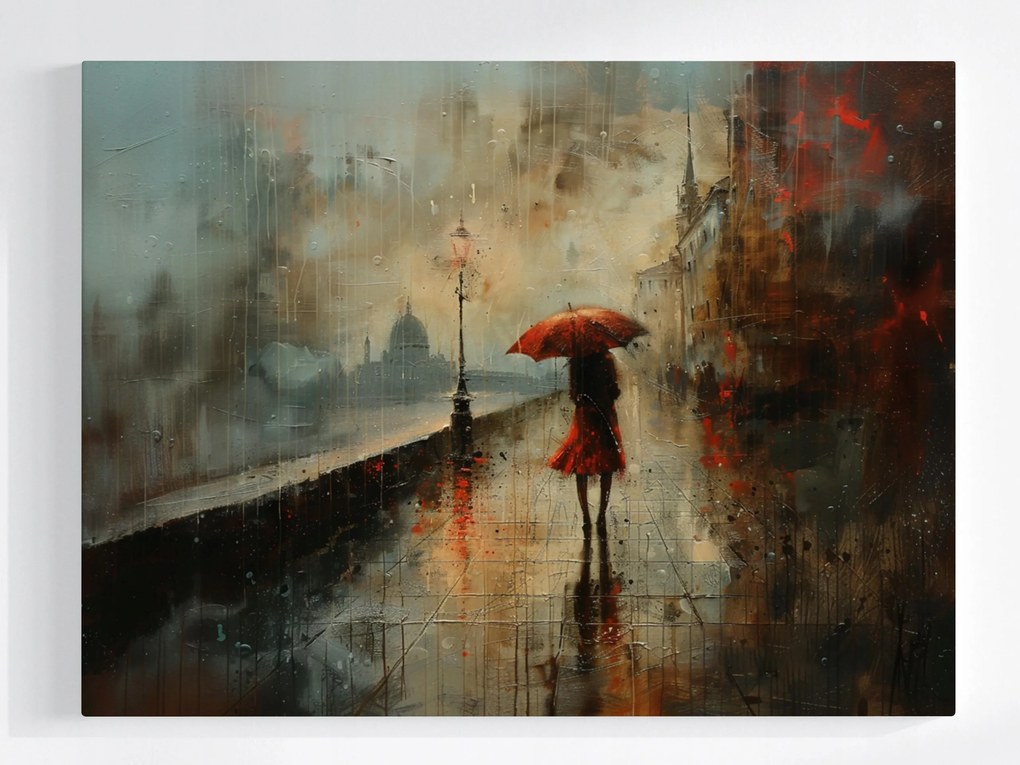Vászonkép Canvas Nő Piros Esernyő Város Folyó Eső 100x75