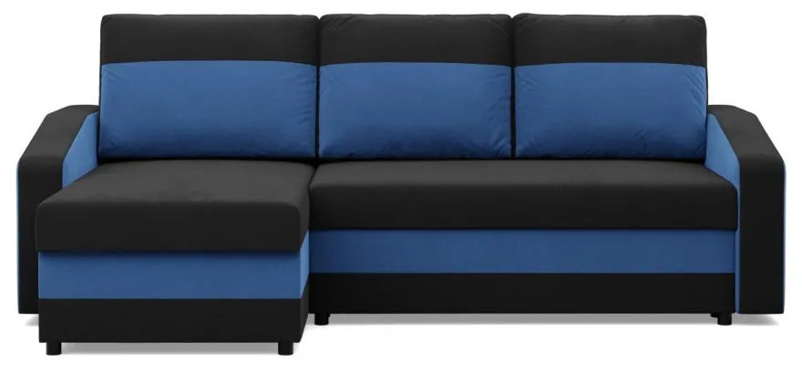 Hewlet sarokkanapé, 2 ágyneműtartóval, szövet anyag, univerzális oldal, hab töltet, fekete - kék