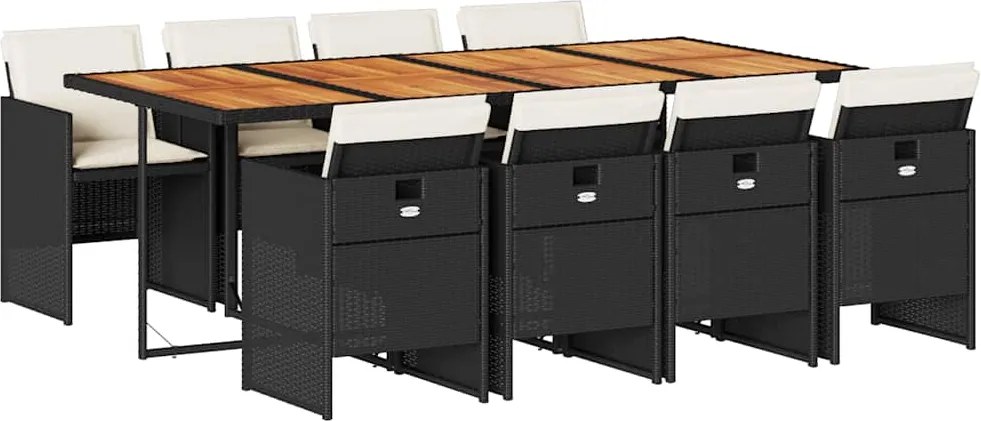 vidaXL 9 részes fekete polyrattan kerti étkezőgarnitúra párnákkal