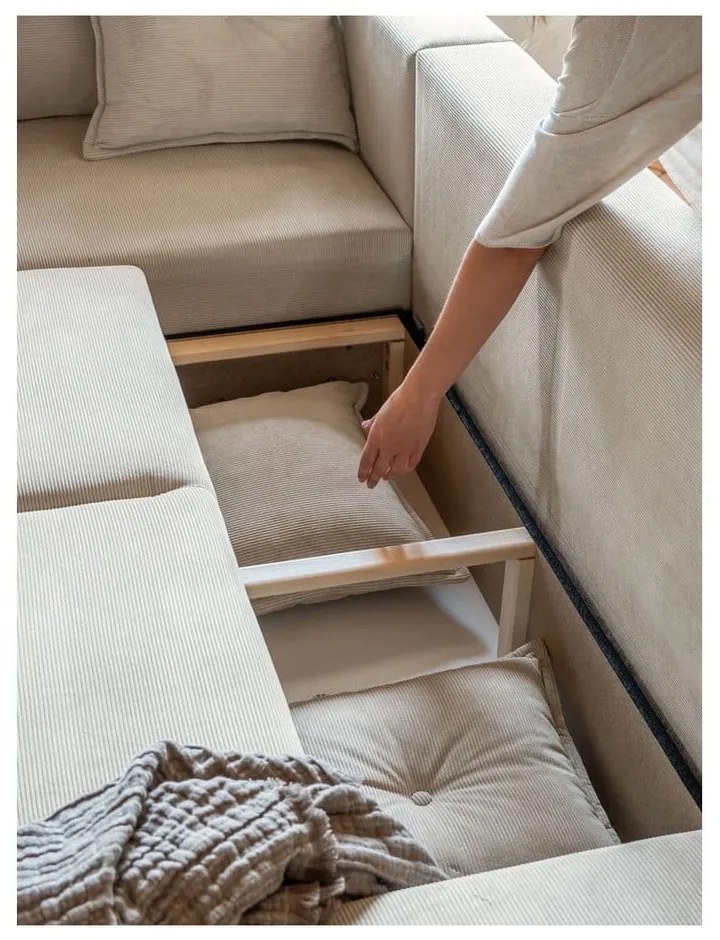 Bézs kordbársony kinyitható sarokkanapé (variálható) Lazy Lukka – Miuform