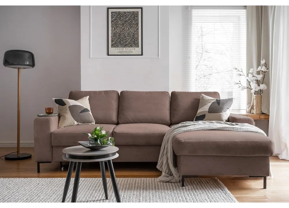 Barna kordbársony kinyitható sarokkanapé (jobb oldali) Lofty Lilly – Miuform