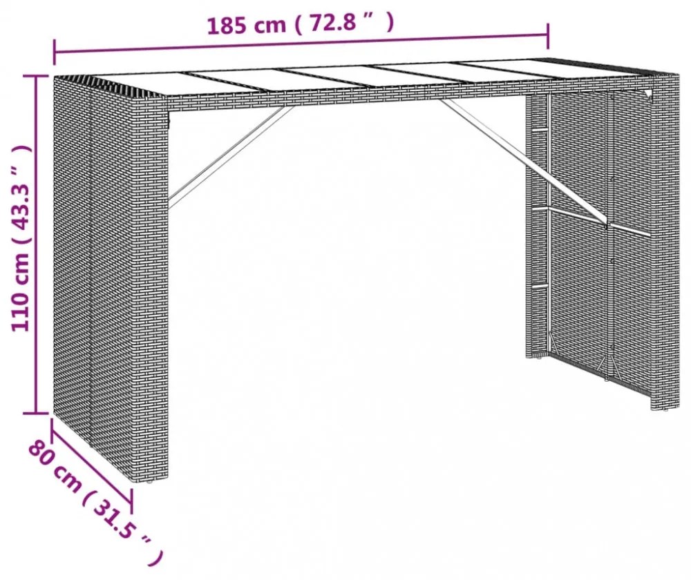 fekete polyrattan üveglapos bárasztal 185 x 80 x 110 cm