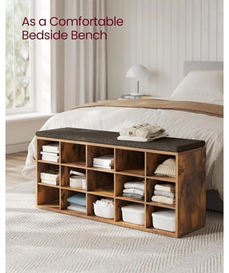 VASAGLE Cipőtartó pad, tárolós pad párnázott ülőfelülettel 30 × 105 × 48 cm, rusztikus barna színben