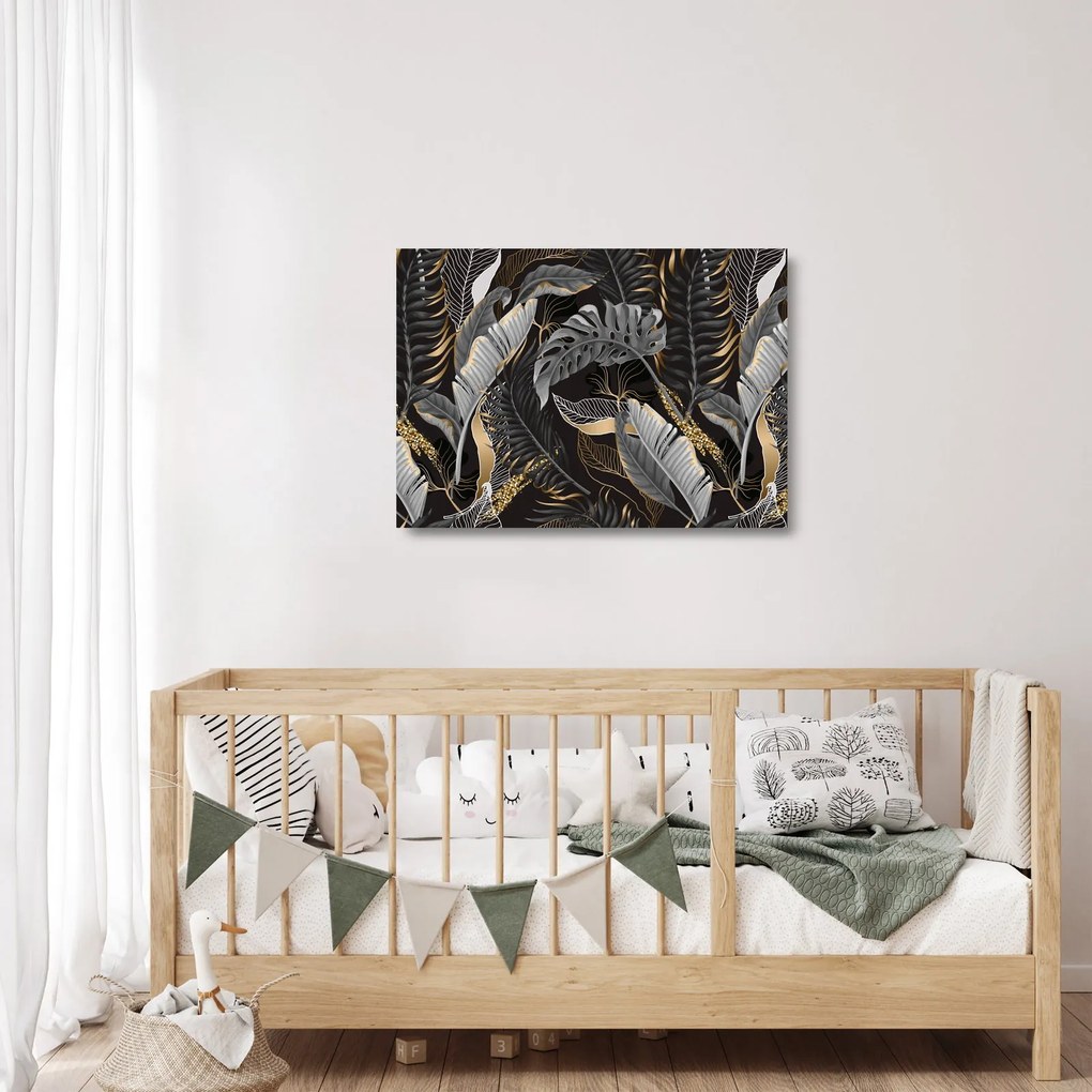 Kép - Trópusi levelek fekete és arany színben (üvegen) (70x50 cm)