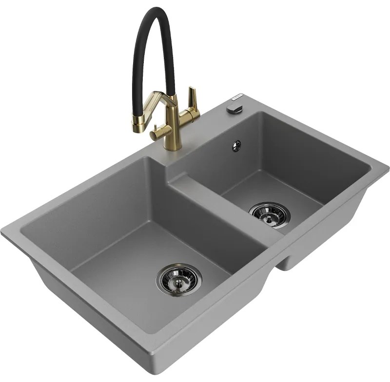 Mexen Tomas kétmedencés gránit mosogató Duo konyhai csappal, szürke - 6516-71-671701-57-B