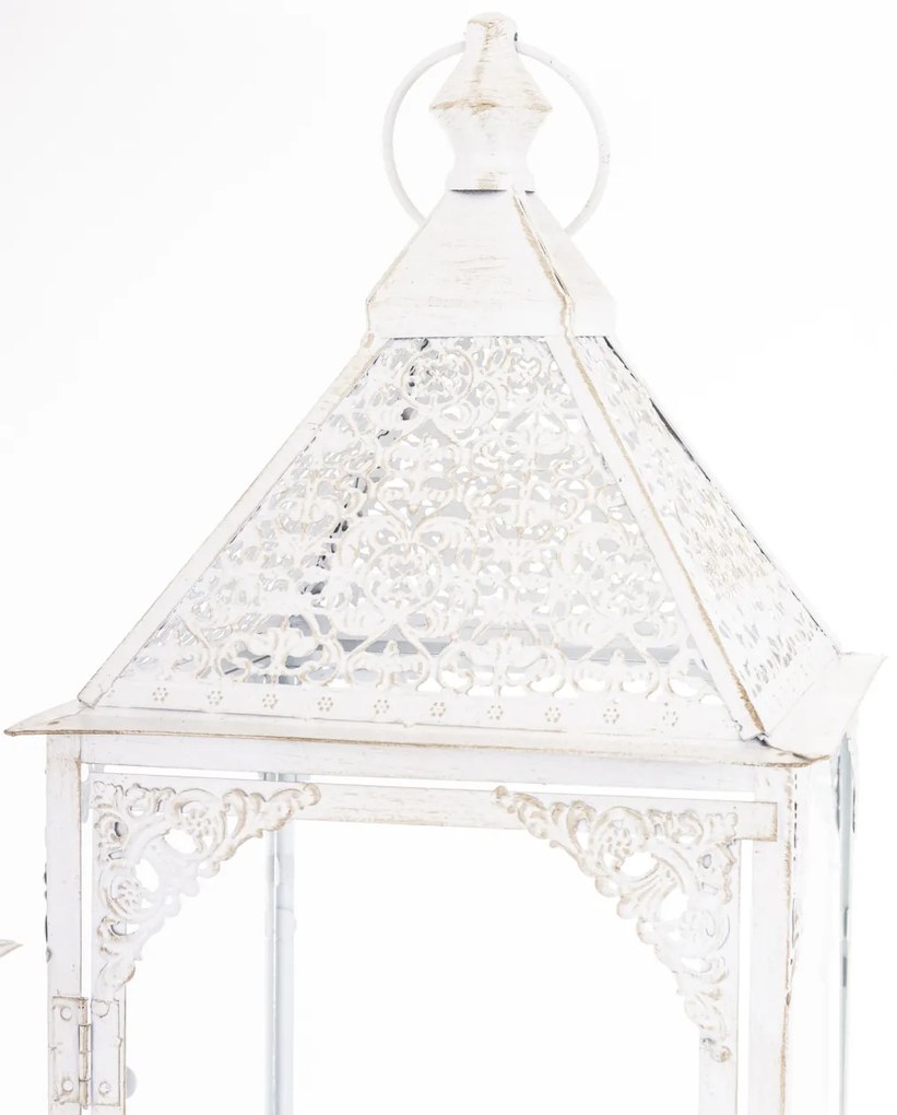 Vintage fehér szögletes 2db-os fém lámpás lantern szett fogantyúval 48x17x17 / 64x22x22cm