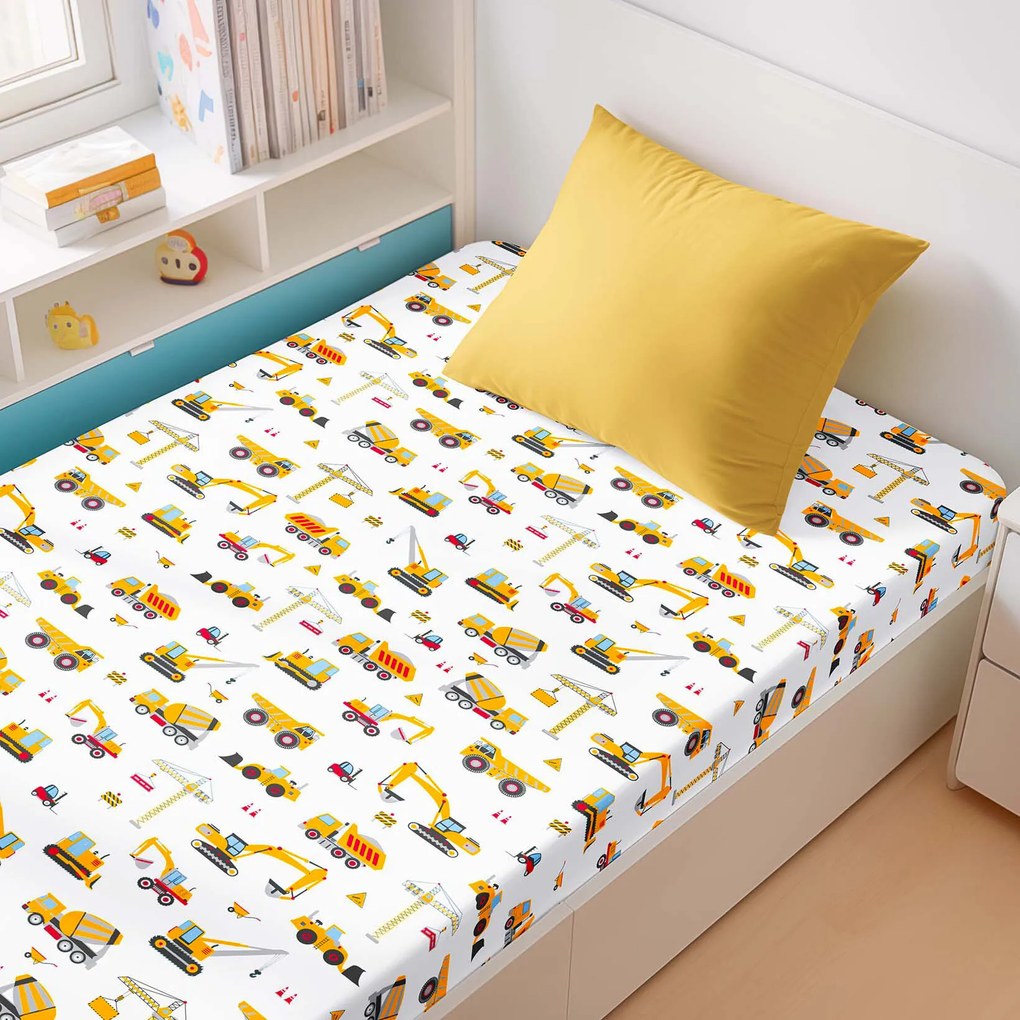 Goldea gyerek pamut gumis lepedő - teherautók és kotrógépek 80 x 200 cm