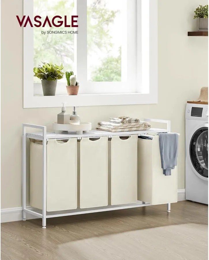 VASAGLE 4 rekeszes szennyeskosár 4 × 40 L, 116 × 33 × 72 cm, krémfehér és matt fehér