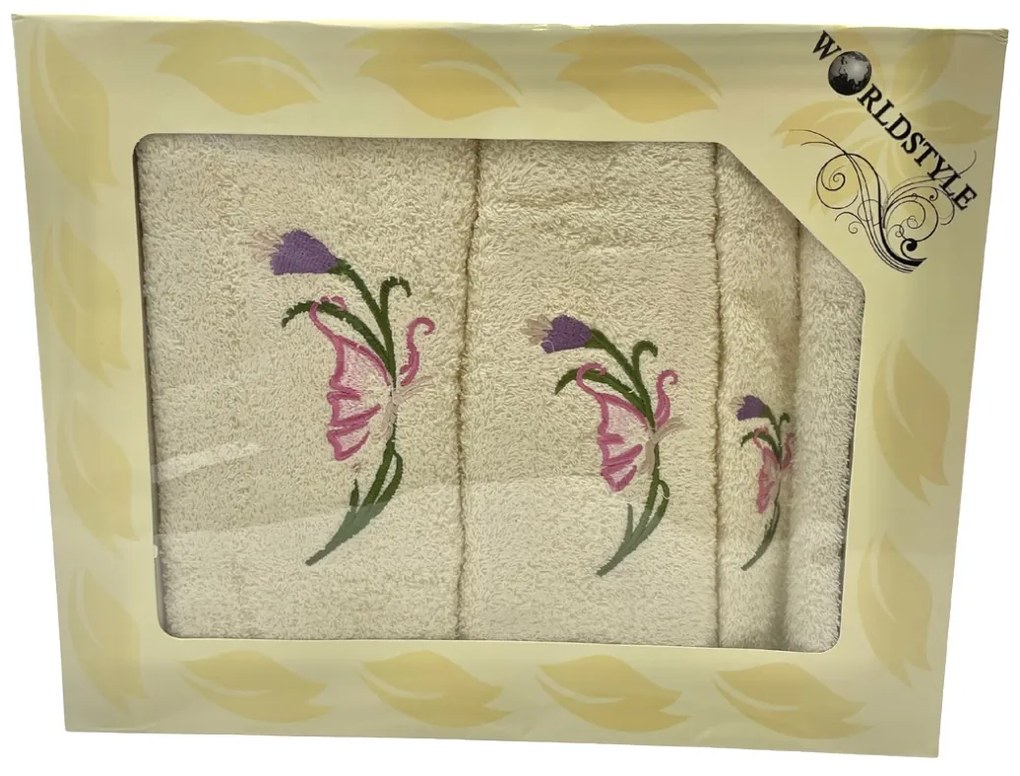 Ajándékcsomag 3 db 70x140 cm-es fürdőlepedőből és 50x100 cm-es, valamint 30x50 cm-es törölközőkből,tejszínes színben, TiaHome