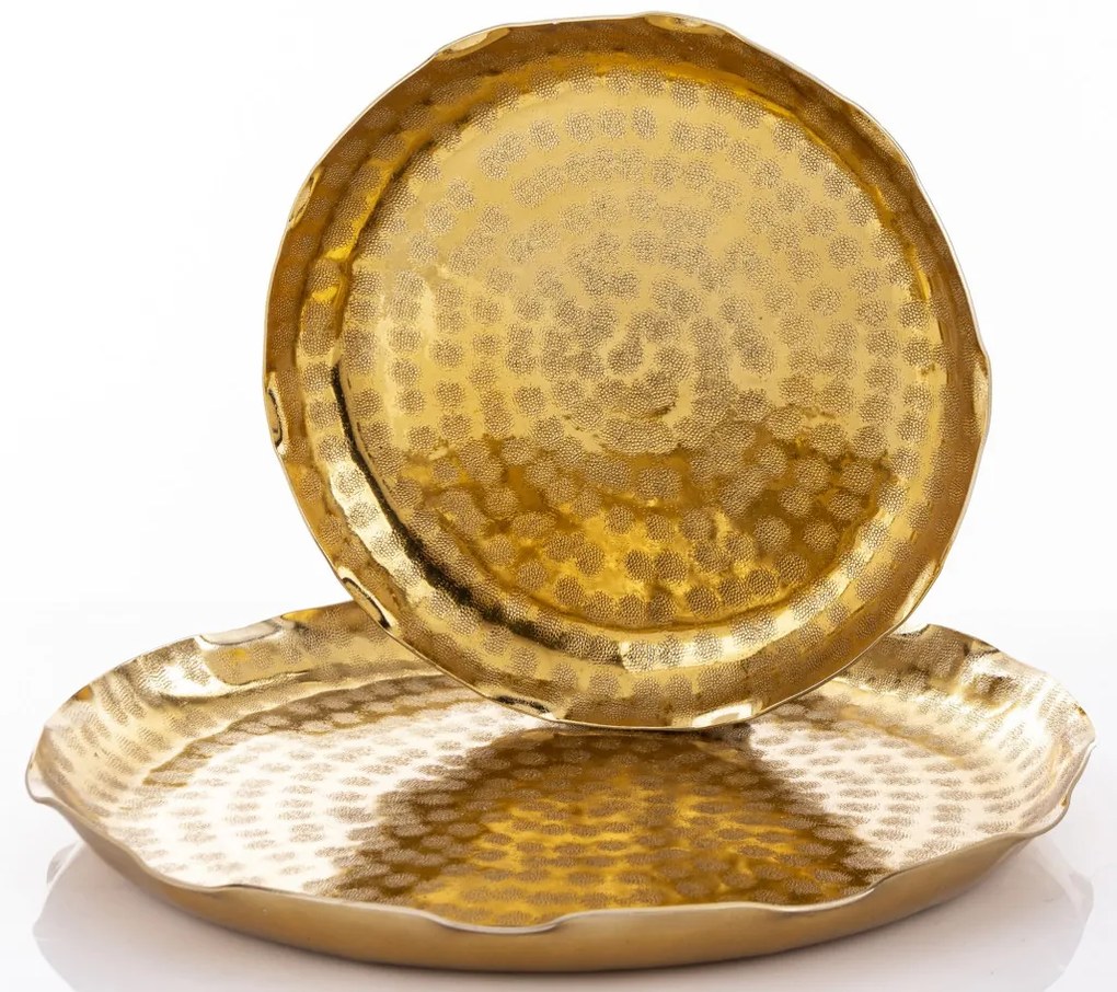 Loyd design keleties rusztikus kerek arany 2db-os fém tálca szett fodros szélű 3x38x38 / 3x29x29cm