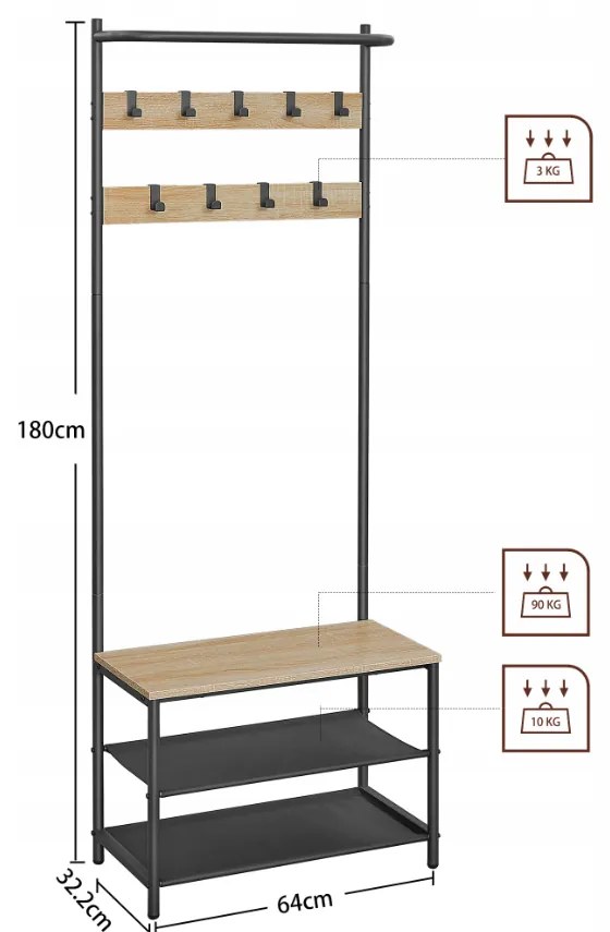 Fém előszobafal LOFT 180 cm, fekete/sanoma tölgy