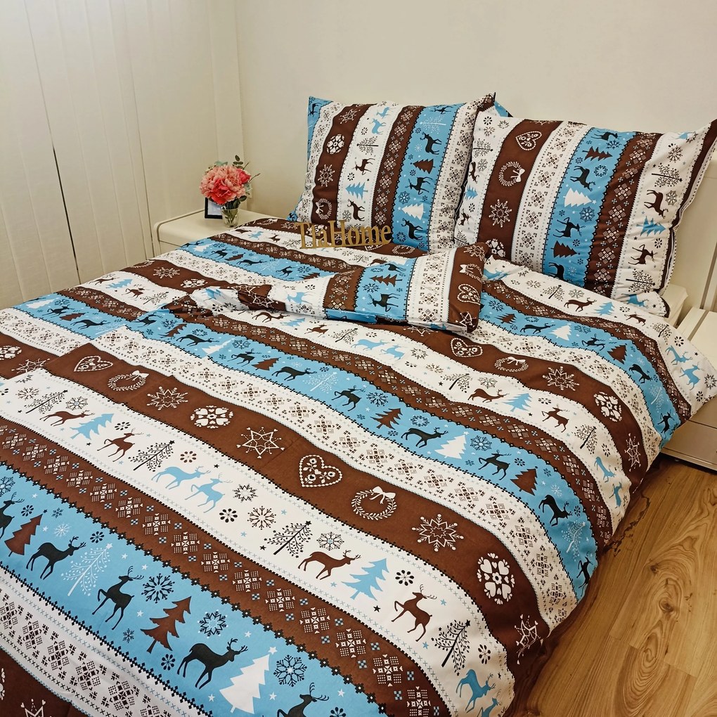 Pamut lepedők Karácsonyi lepedők Rénszarvas türkiz TiaHome - 1x Párna 90x70cm, 1x Paplan 140x200cm