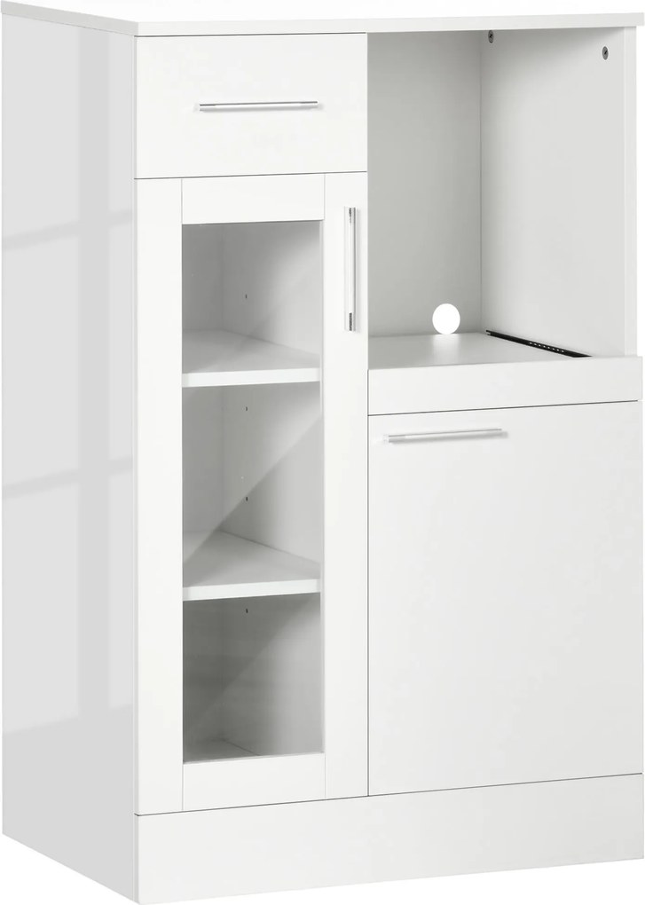 HOMCOM Modern Tálalószekrény Szekrényekkel és Fiókkal, Helytakarékos Konyhaszekrény Fa és Üveg Anyagból 60x40x95cm, Fehér | Aosom