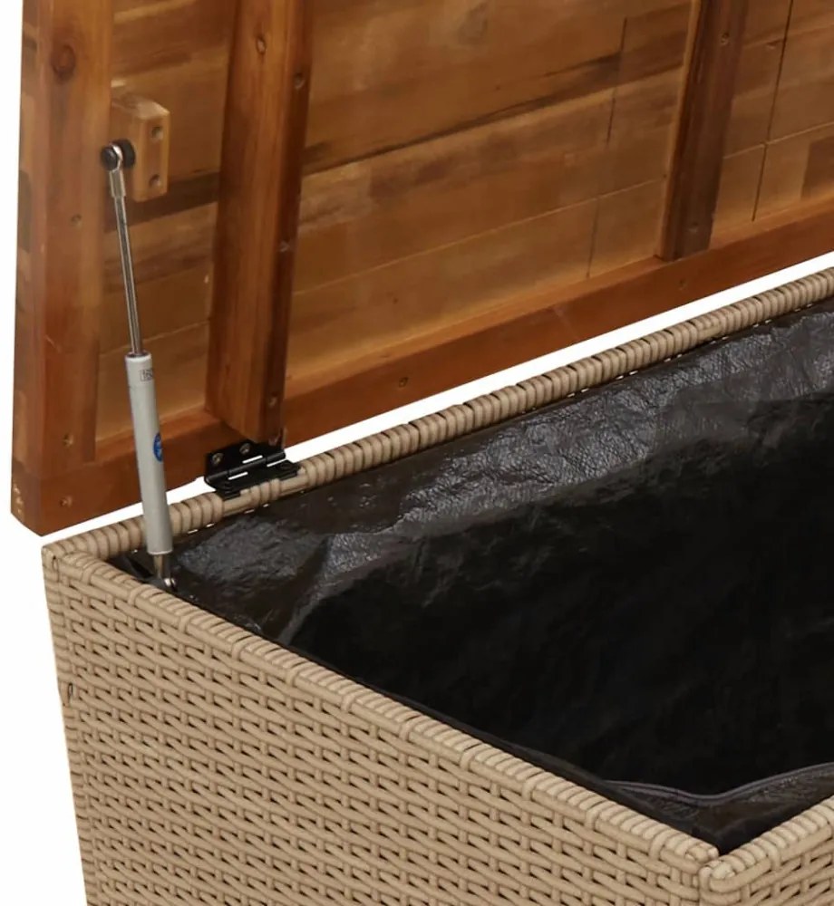 bézs polyrattan és akácfa kerti tárolóláda 110 x 55 x 63 cm