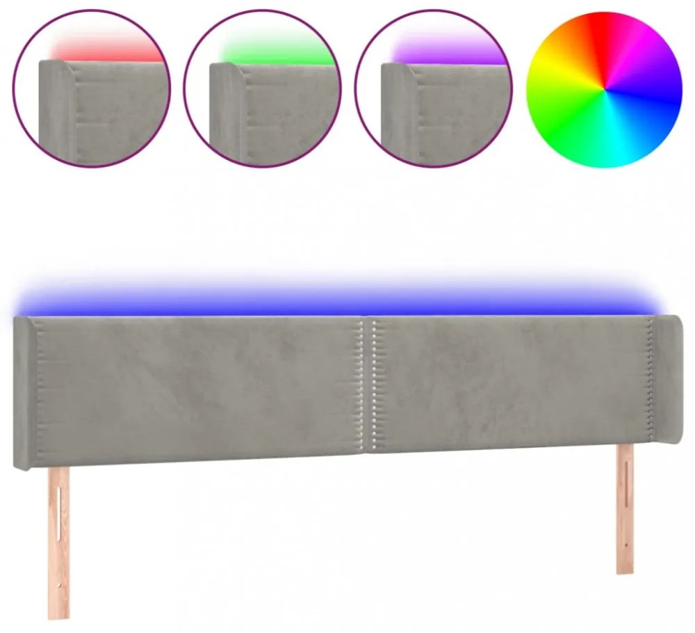 világosszürke bársony LED-es fejtámla 163 x 16 x 78/88 cm