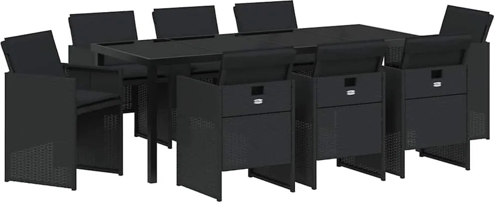 vidaXL Kert étkező szett párnával 9 pcs Fekete polirattan