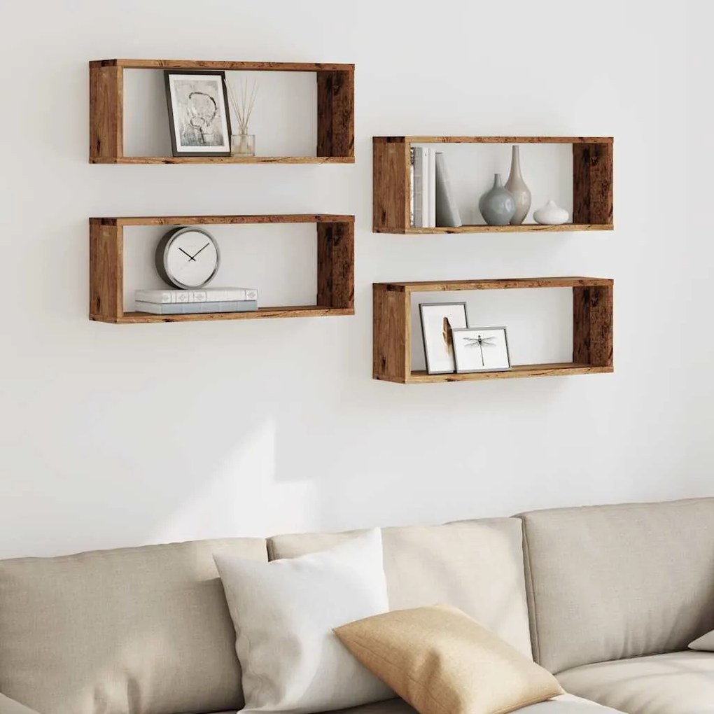 4 db antik fa színű szerelt fa fali kockapolc 60 x 15 x 23 cm