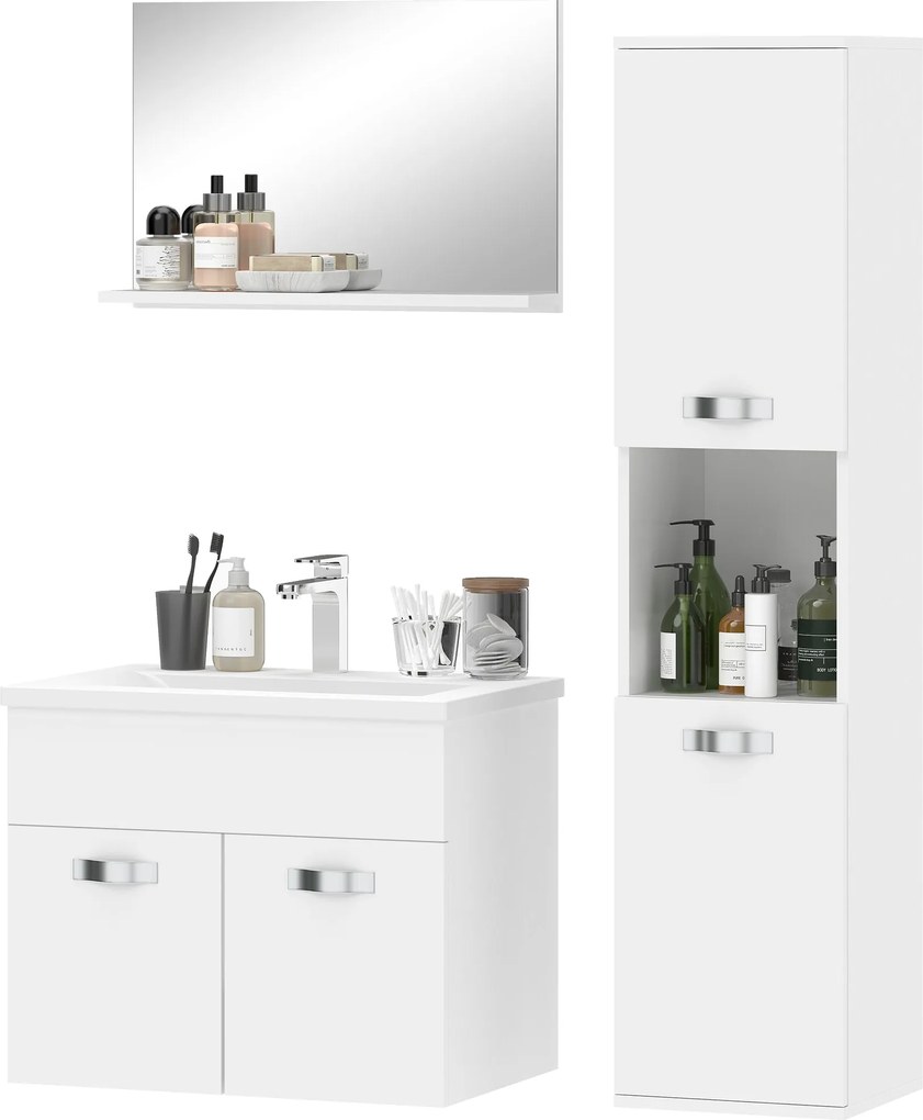 Kleankin 4 részes fali fürdőszobabútor — kerámia mosdó, magas tároló, tükör | Aosom