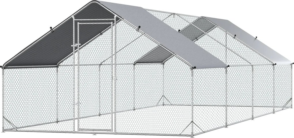PawHut Nagy Kültéri Tyúkól 24 m² Ketrec 16-24 Tyúk számára 3x8x2 m Horganyzott Acél Tyúkól PE Fedéllel és Zárval - Ezüst | Aosom