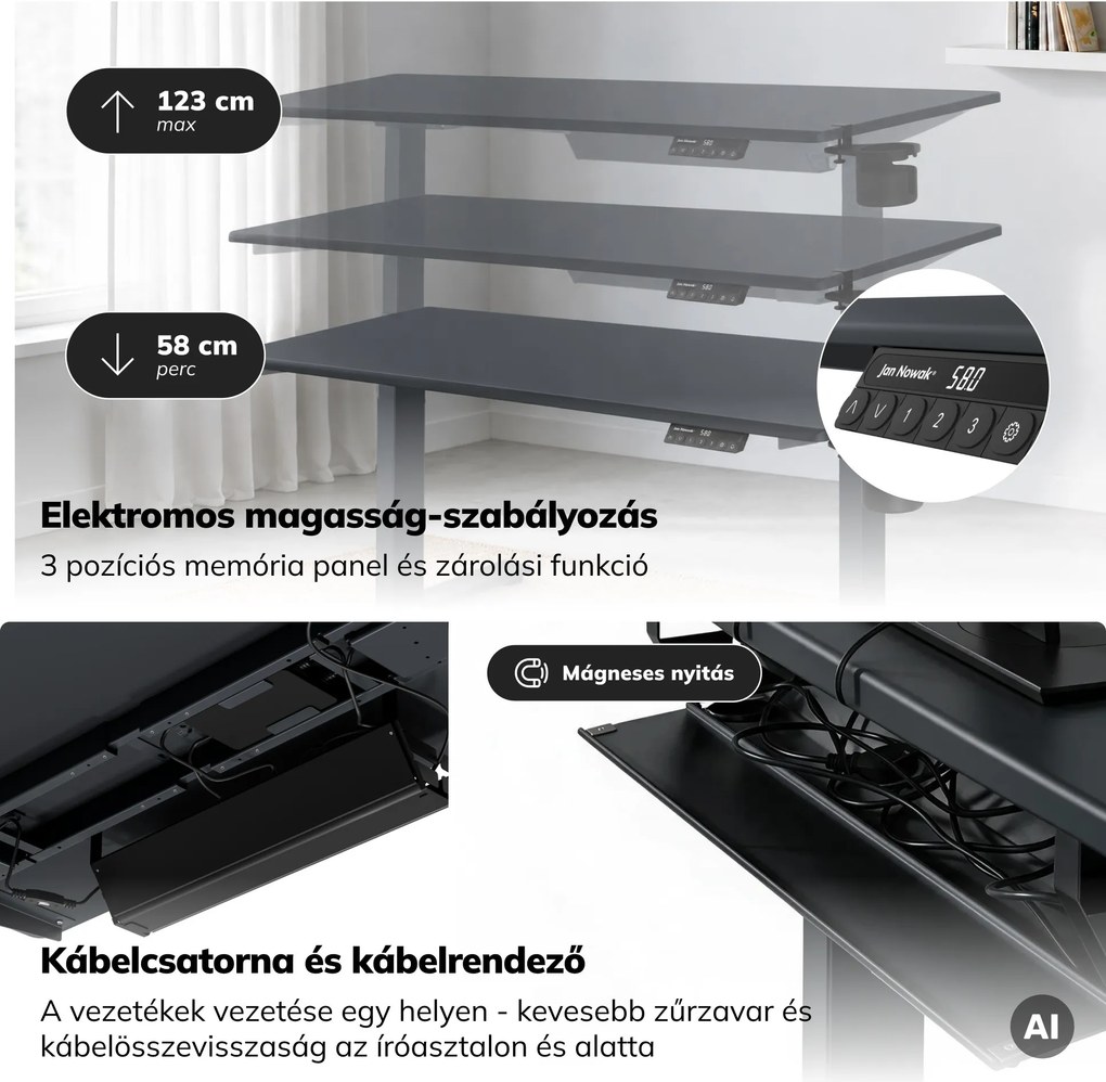 Elektromos íróasztal magasságállítással ergonomikus antracit,1400x700 mm: ARIA