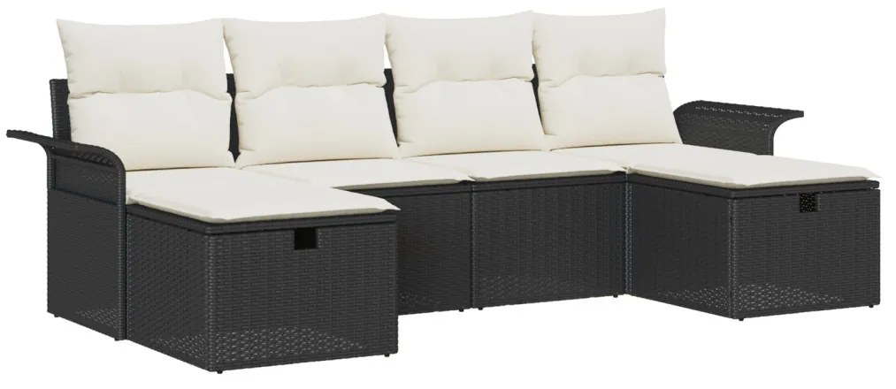 6 részes kertiszófa szett párnákkal, fekete poli rattan