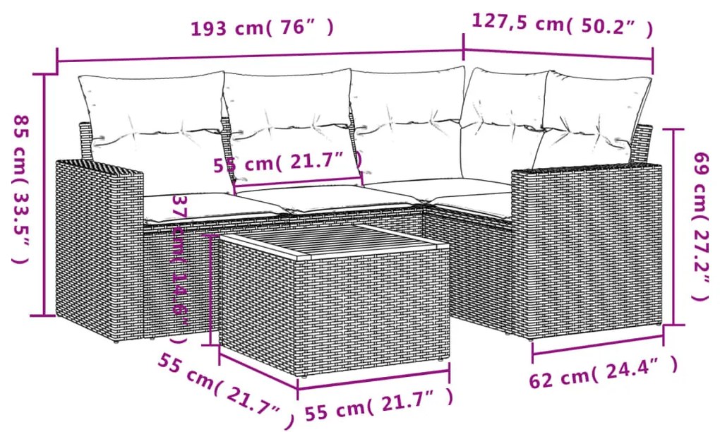 5 részes bézs polyrattan kerti ülőgarnitúra párnákkal