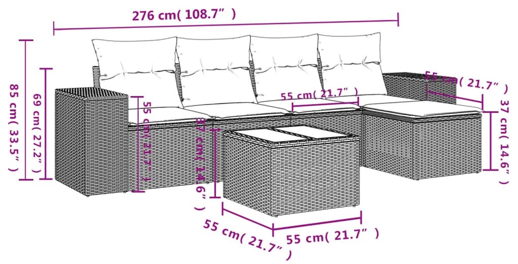 6 részes fekete polyrattan kerti ülőgarnitúra párnákkal