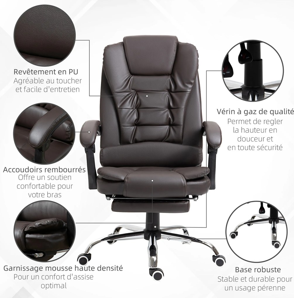 HOMCOM Magas Hátú Vezetői Irodai Szék PU Bőr Dönthető Otthoni Irodai Szék Lábpihentetővel Barna | Aosom