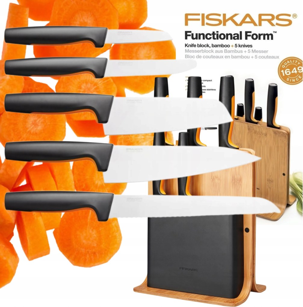 5 Darabos Készlet Bambusz Tömbben Fiskars Éles, Masszív, Ajándéknak Is Kiváló Állvány