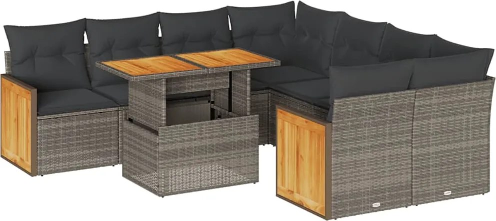 vidaXL 9 részes szürke polyrattan akácfa kerti ülőgarnitúra párnákkal