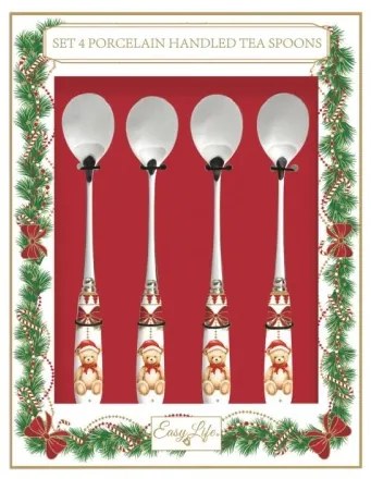 Rozsdamentes acél teáskanál 4 db-os porcelán dekorborítású nyéllel Magie de Noel