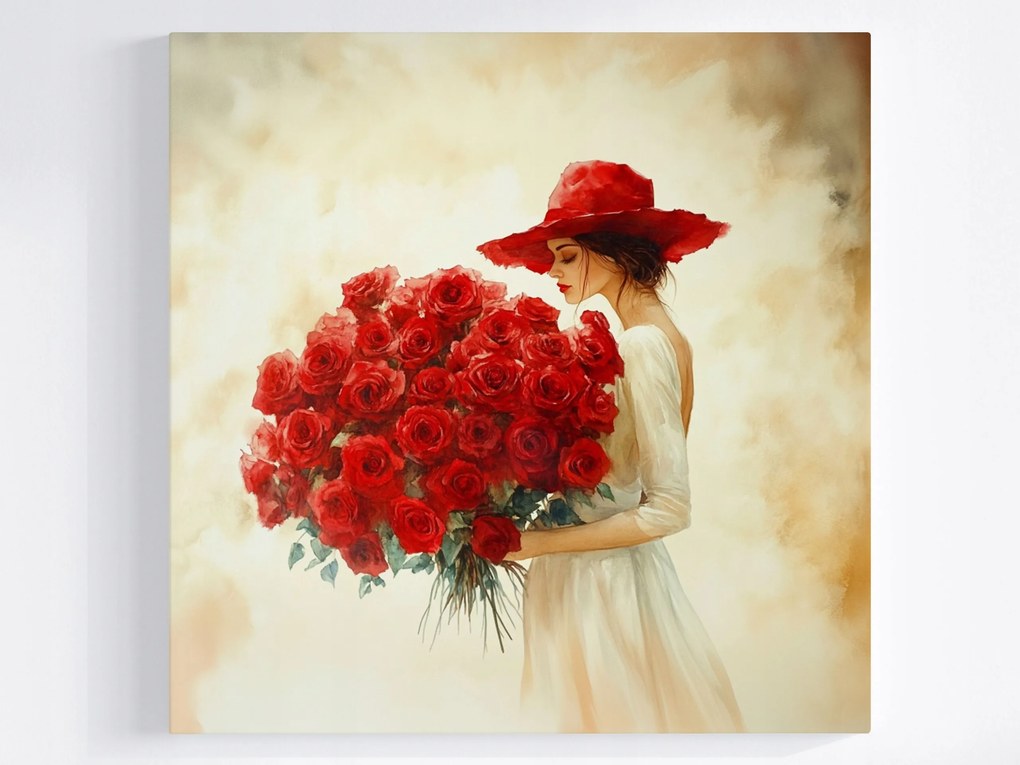 Poszter Nő Piros Kalapban Rózsákkal 80x80