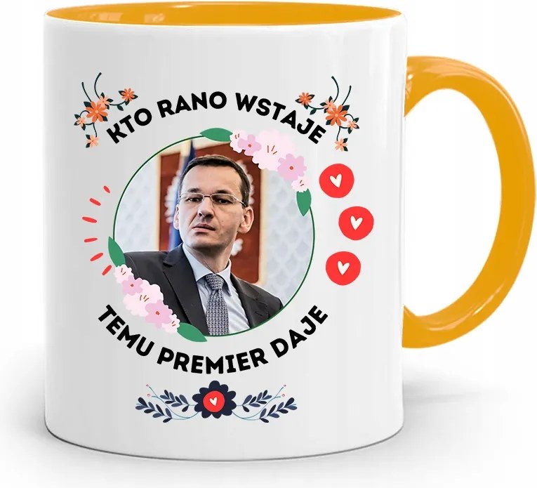 Sárga Politikus Bögre Mateusz Morawiecki Miniszterelnök fényképes nyomtatással