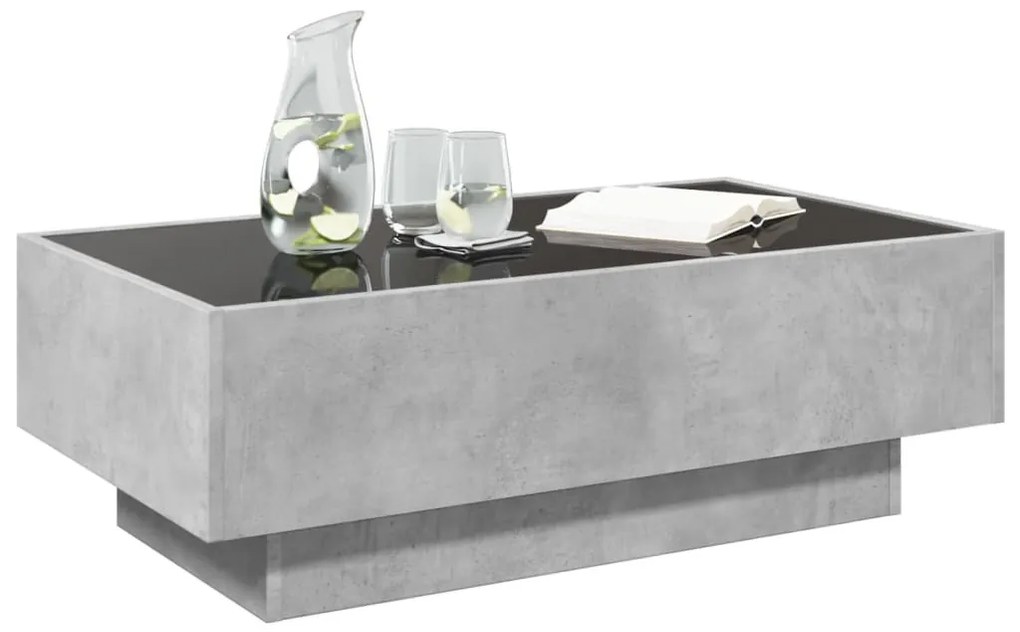Betonszürke szerelt fa dohányzóasztal LED-del 90 x 50 x 30 cm