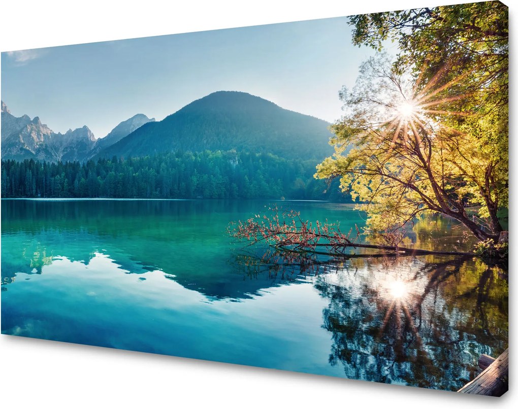 Vászonkép Nap a hegyek felett Tó Víz Nyugalom 90x60 cm