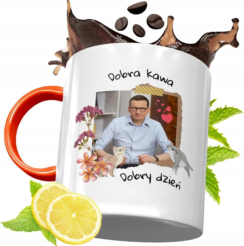 Narancssárga Bögre Mateusz Morawiecki Ajándék fényképes nyomtatással