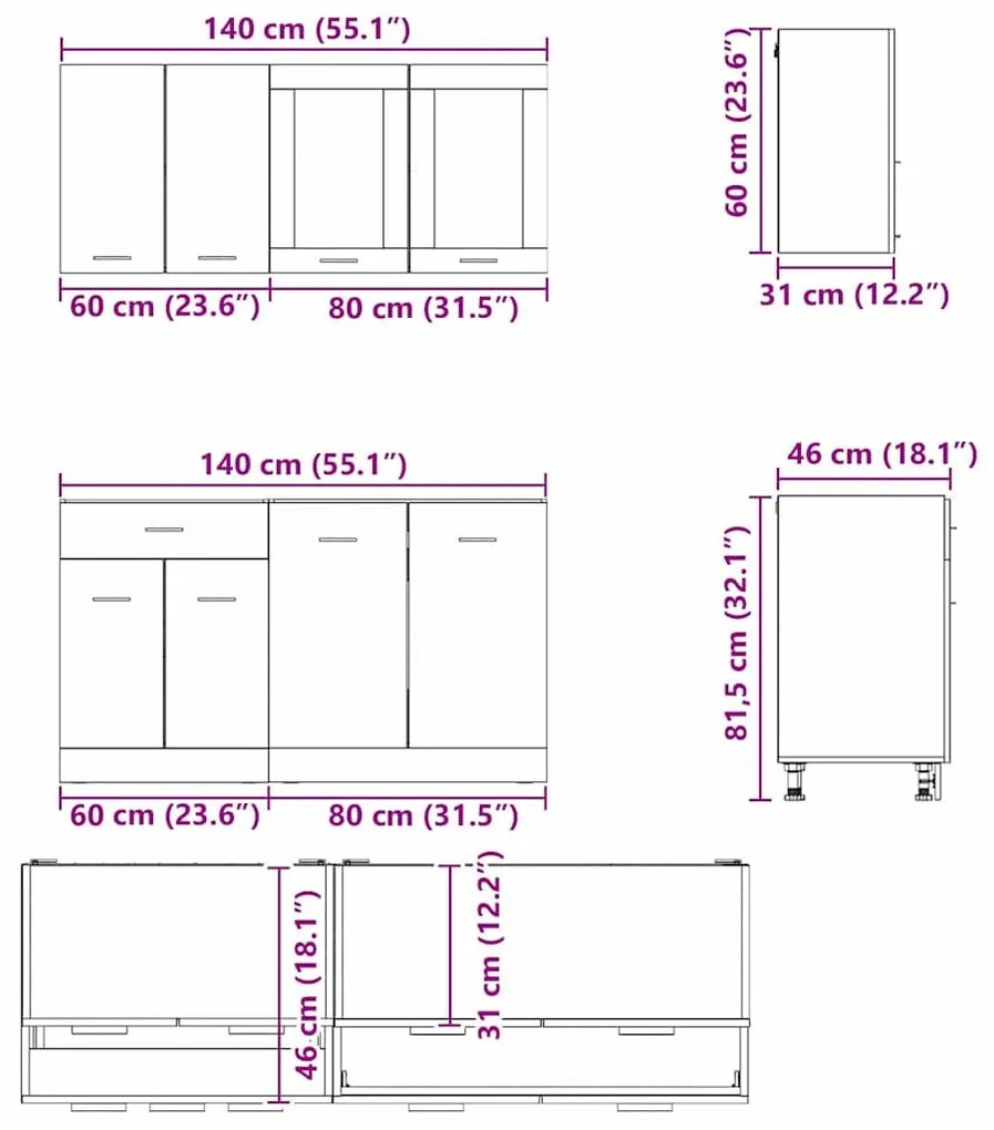 Konyhaszekrény garnitúra 4 pcs Szürke sonoma 140 x 46 x 81.5 cm