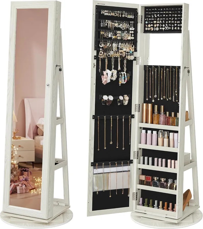 360°-ban forgatható ékszerszekrény, teljes alakos tükörrel, zárható ékszertároló, fehér