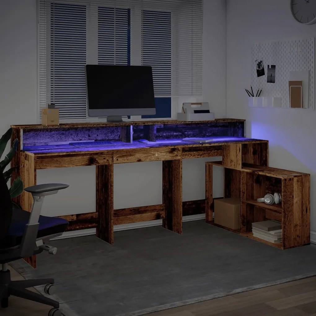 antik fa színű szerelt fa íróasztal LED-ekkel 200 x 104 x 91 cm