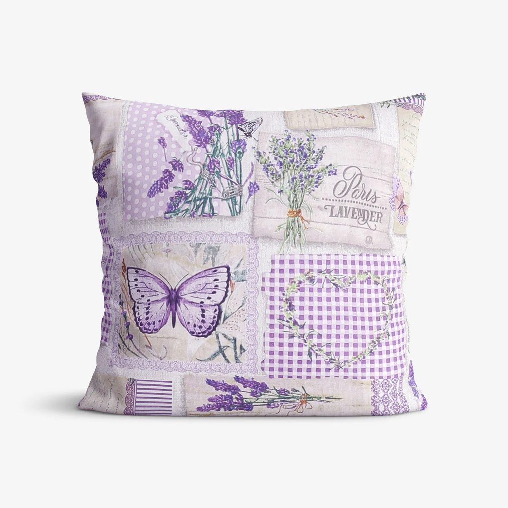 Goldea pamut párnahuzat - patchwork levandula és pillangó mintás 40 x 40 cm