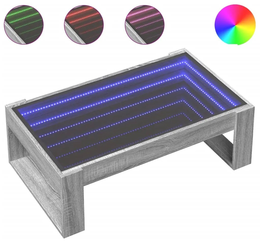 Szürke sonoma végtelen hatású LED-es dohányzóasztal 90x53x30 cm