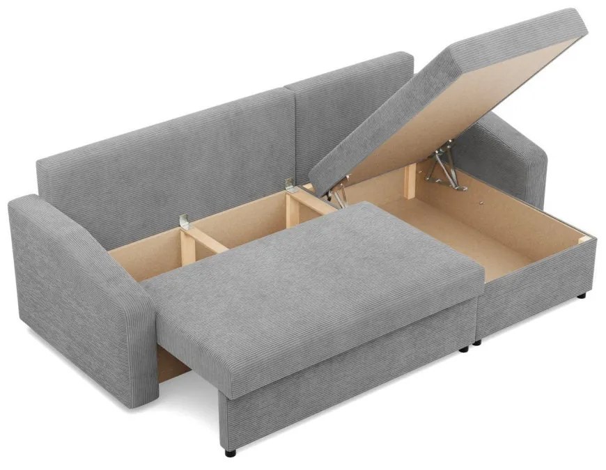 Zeus sarokkanapé, 2 ágyneműtartóval, döntött kartámasz, kordbársony, univerzális oldal, hab töltet, szürke