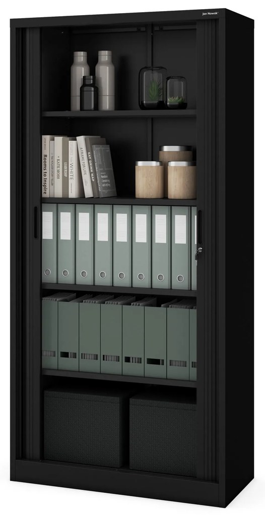 DAMIAN irodai fémszekrény harmonikaajtókkal, 900 x 1850 x 450 mm, fekete