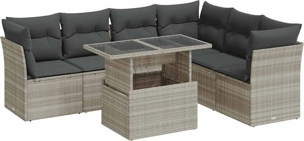 vidaXL 7 részes világosszürke polyrattan kerti ülőgarnitúra párnákkal