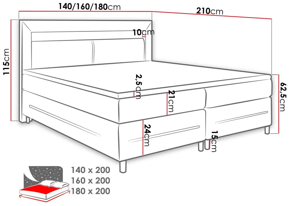 Boxspring franciaágy LED világítással 180x200 GALWAY - fekete ökobőr + INGYENES topper