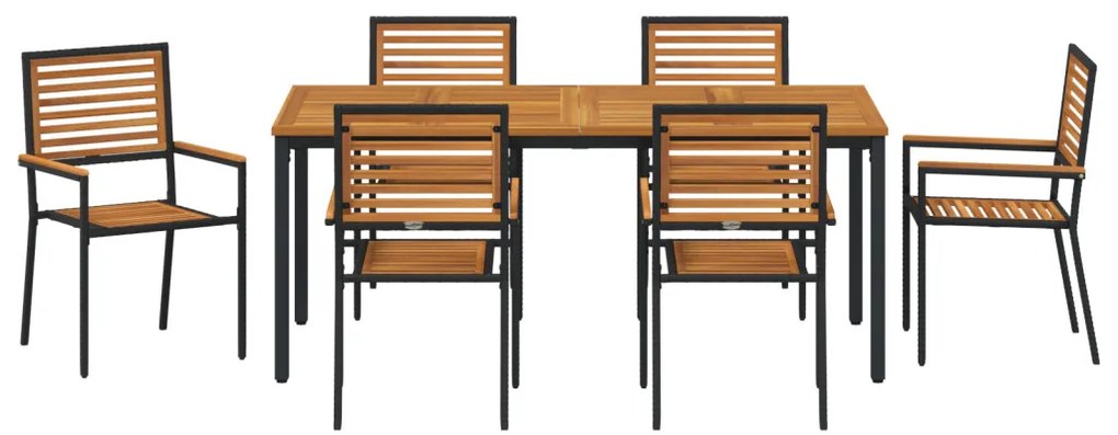 7 részes kerti étkező garnitúra Fekete Poli Rattan Akác, Egymásra rakható kerti székek párnákkal 2 db Fekete Poli Rattan, Kerti asztal 180x90x75 cm Szilárd Akácfa és Fém