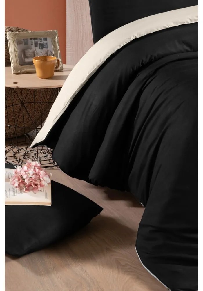 Fekete-krémszínű kétszemélyes-hosszabbított pamut ágyneműhuzat lepedővel 200x220 cm – Mila Home